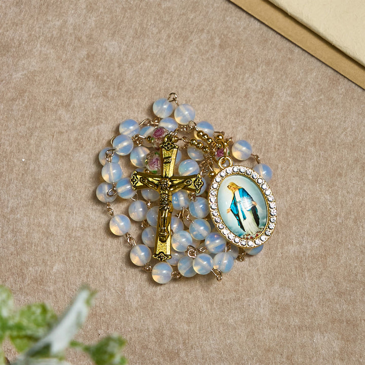 FREE Today: White Opal Bead Rosary with Floral Glass Accents & Sacred Crucifix - image 8