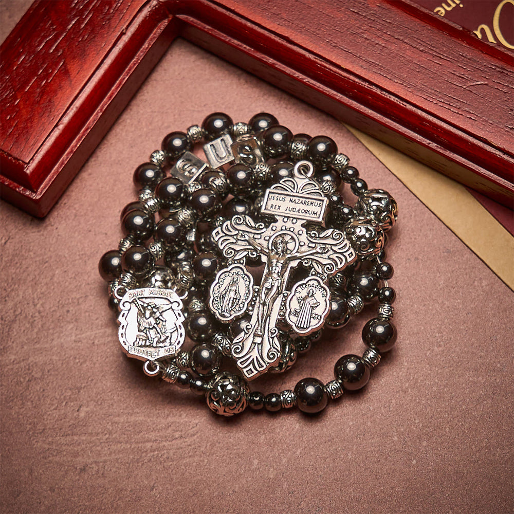 FREE Today: Black Agate Custom Rosary with Shield of St. Michael & Personalized JESUS  - image 1