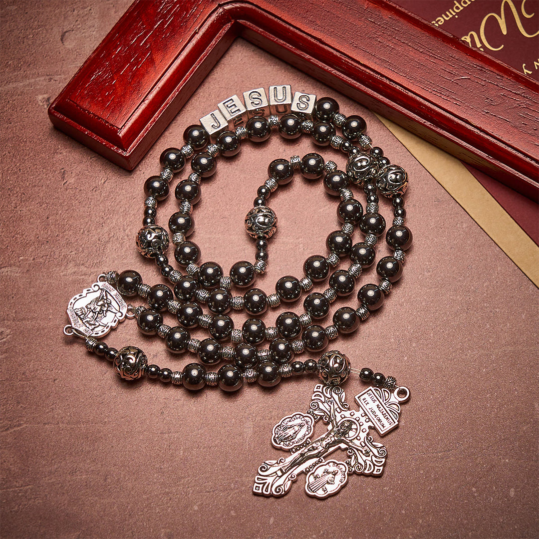 FREE Today: Black Agate Custom Rosary with Shield of St. Michael & Personalized JESUS  - image 4