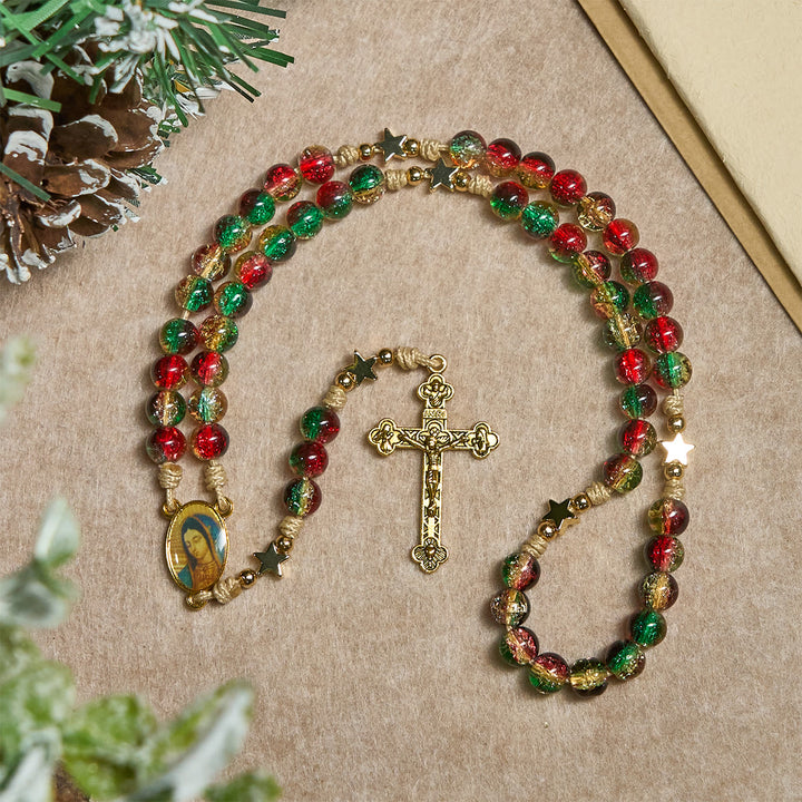 Christianartworkshop Christmas Glass Bead Rosary: Our Lady of Guadalupe Medal & Golden Crucifix - image 4