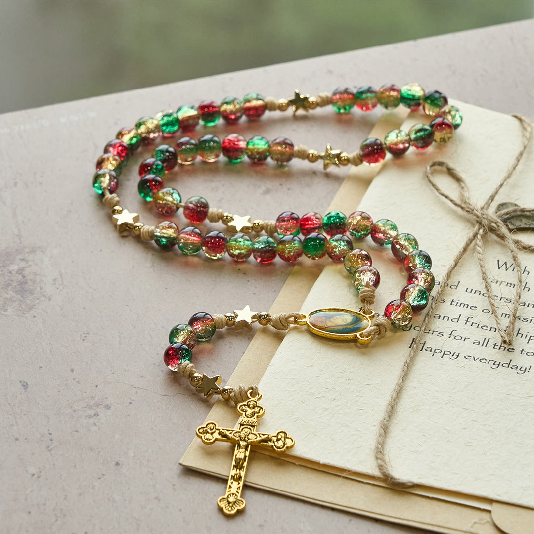 Christianartworkshop Christmas Glass Bead Rosary: Our Lady of Guadalupe Medal & Golden Crucifix - image 5