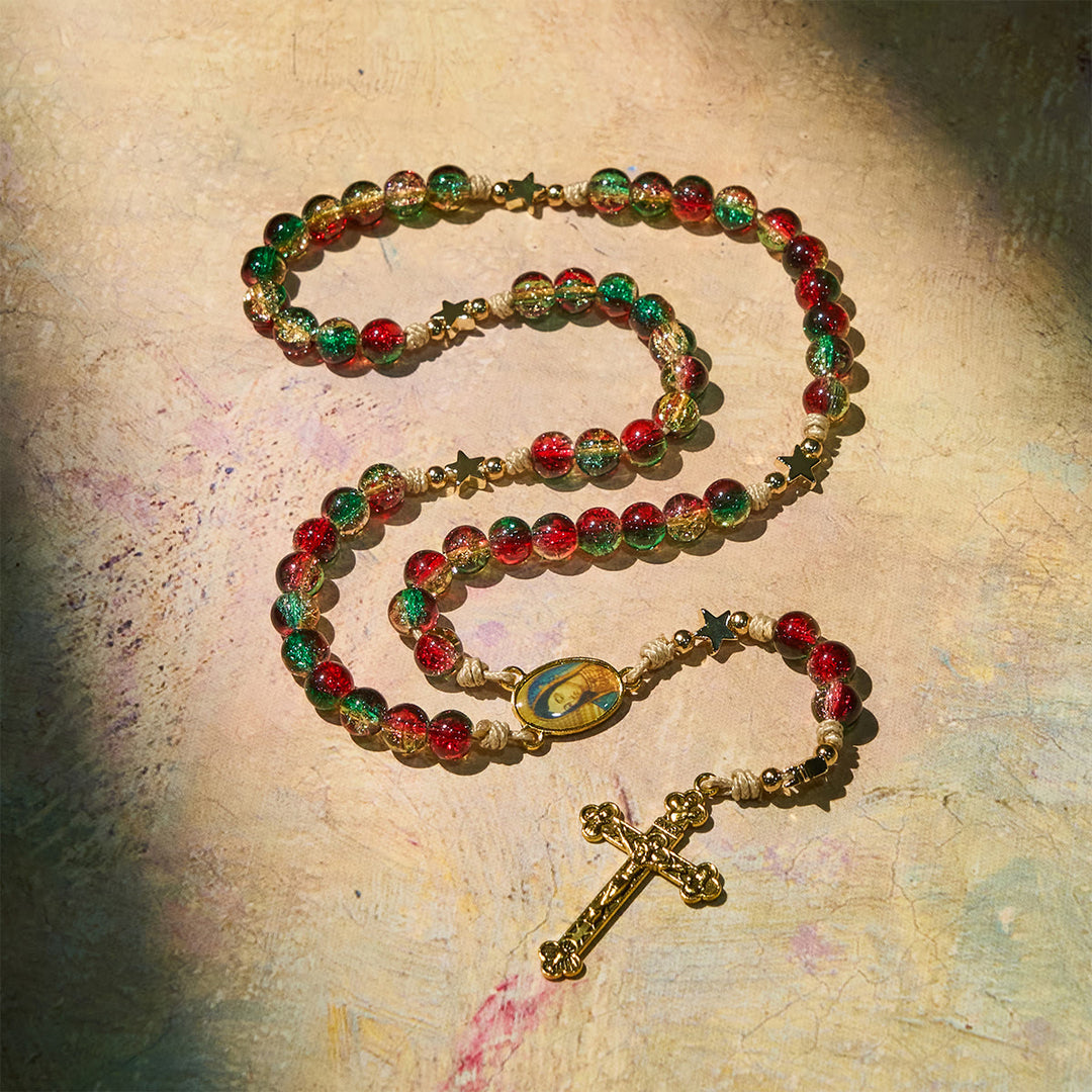 Christianartworkshop Christmas Glass Bead Rosary: Our Lady of Guadalupe Medal & Golden Crucifix - image 2