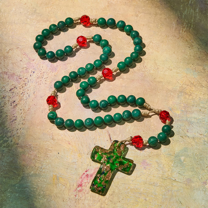 FREE Today: Green Patterned Stone Rosary for Devout Prayer: Green-Golden Glass Cross - image 2