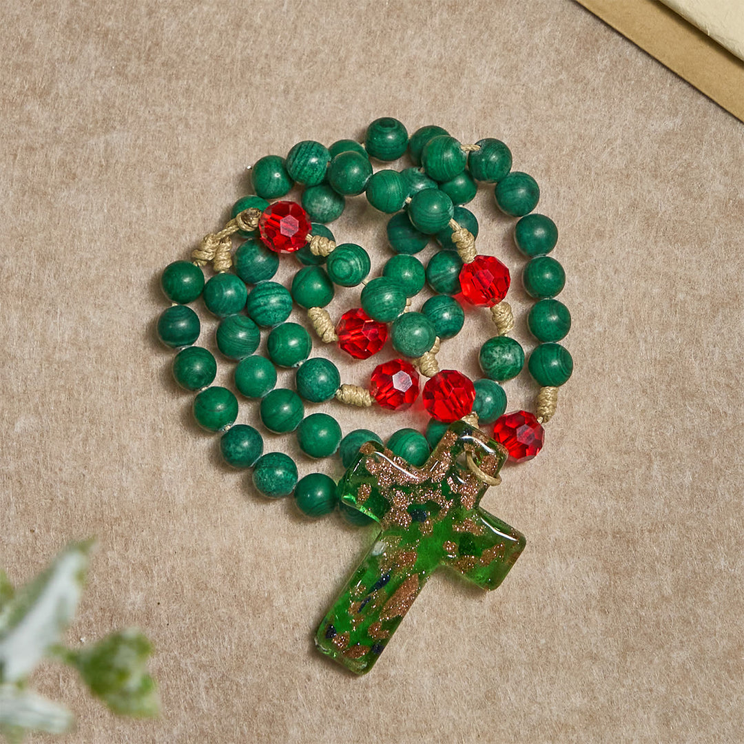 FREE Today: Green Patterned Stone Rosary for Devout Prayer: Green-Golden Glass Cross - image 6