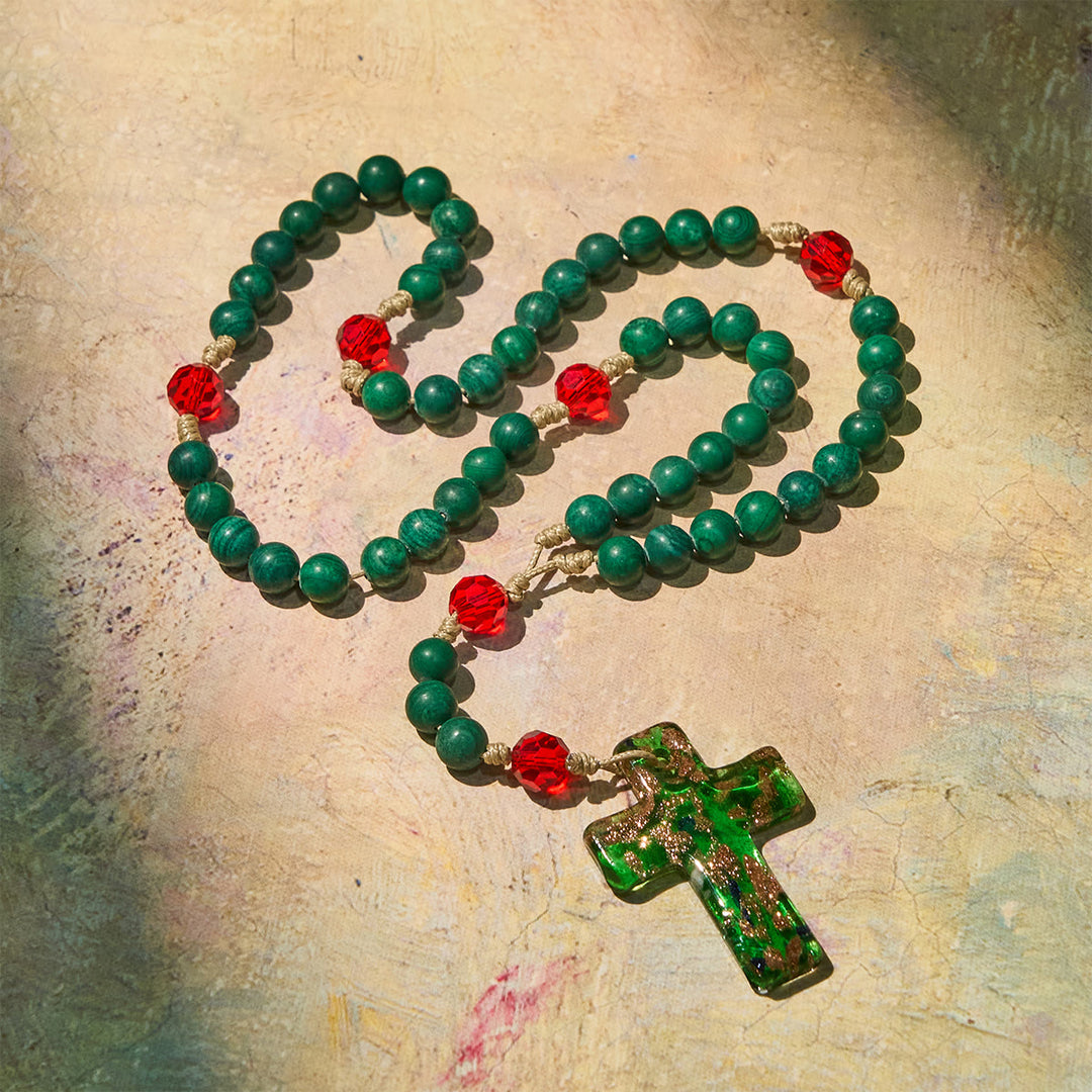 Christianartworkshop Christmas Gift: Green Patterned Stone Rosary for Devout Prayer: Green-Golden Glass Cross - image 7