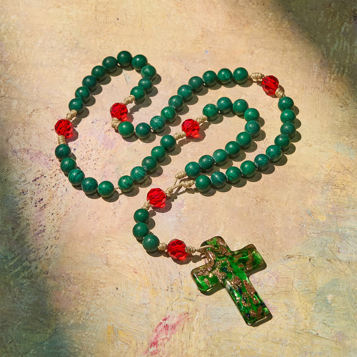 Christianartworkshop Christmas Gift: Green Patterned Stone Rosary for Devout Prayer: Green-Golden Glass Cross - image 7