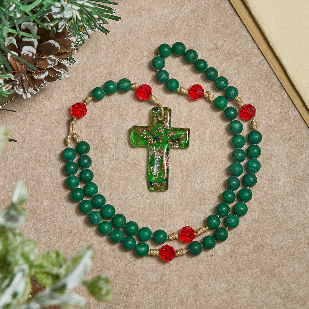 Christianartworkshop Green Patterned Stone Rosary for Devout Prayer: Green-Golden Glass Cross - image 7