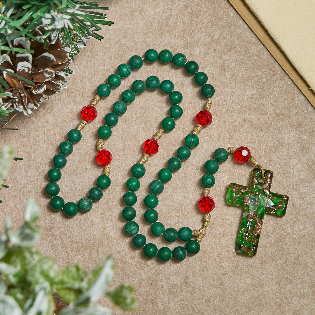 Christianartworkshop Christmas Gift: Green Patterned Stone Rosary for Devout Prayer: Green-Golden Glass Cross - image 8