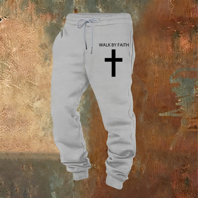 Christianartworkshop Revival Streetwear Walk by Faith Sweatpants: Cross on Side-Leg - Light Grey - 2XL - image 8