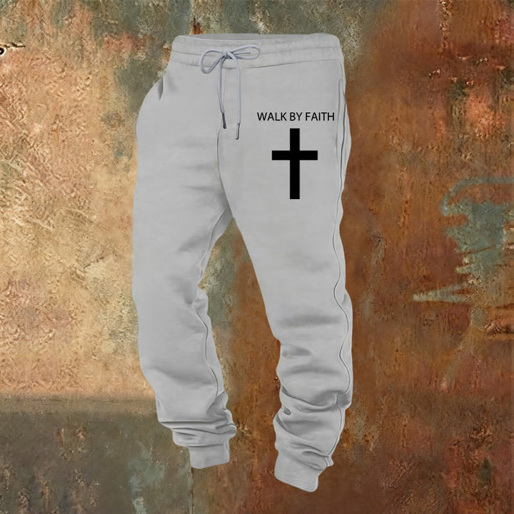 Christianartworkshop Revival Streetwear Walk by Faith Sweatpants: Cross on Side-Leg - Light Grey - 2XL - image 8