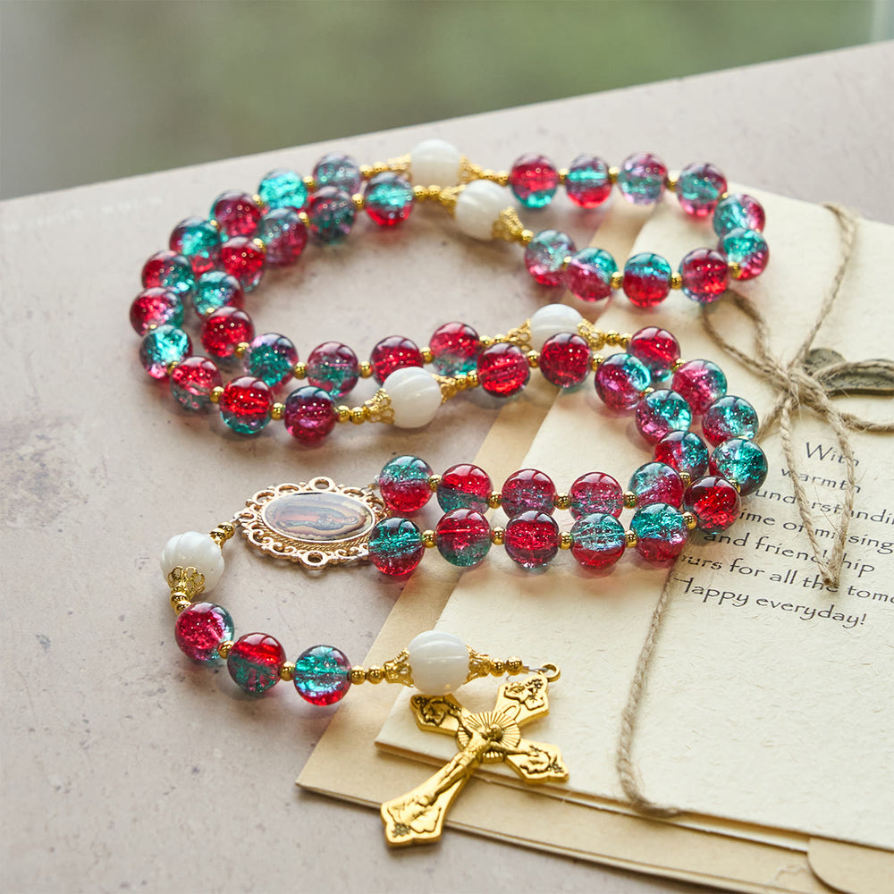 Christianartworkshop Christmas Red-Blue Glass Bead Rosary: Our Lady Medal & Ornate Cross - image 1