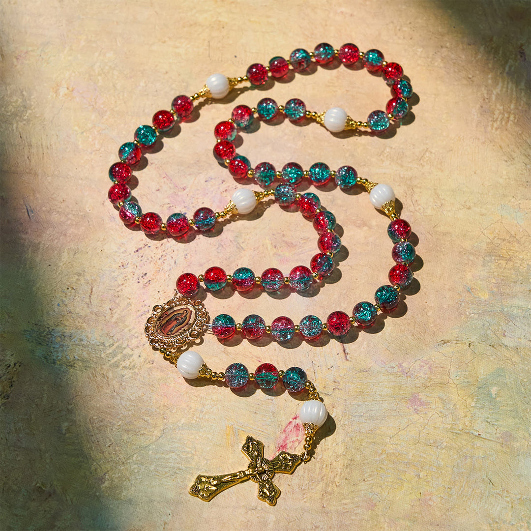 Christianartworkshop Christmas Red-Blue Glass Bead Rosary: Our Lady Medal & Ornate Cross - image 3