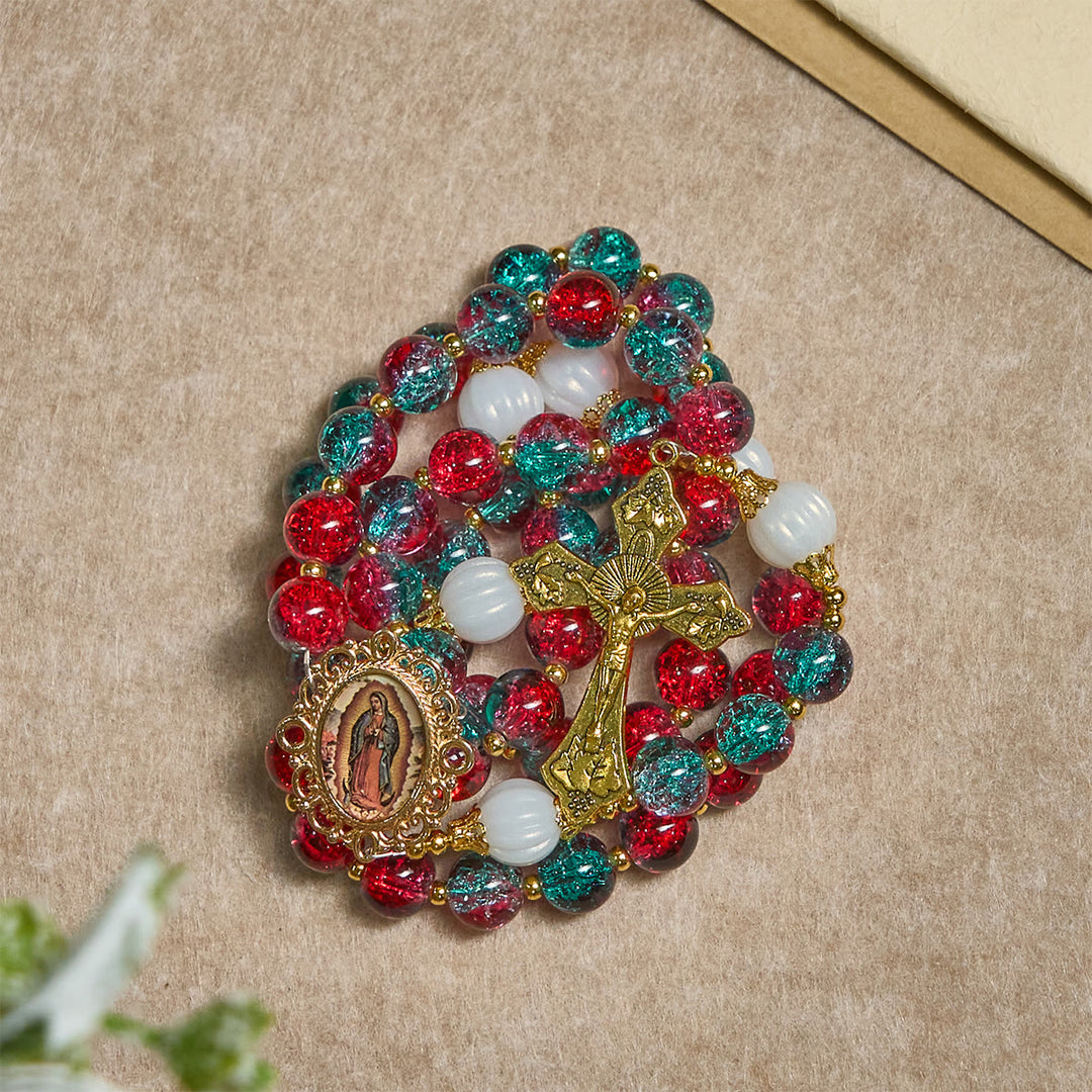 Christianartworkshop Christmas Red-Blue Glass Bead Rosary: Our Lady Medal & Ornate Cross - image 9