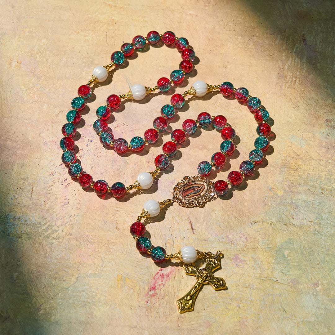 Christianartworkshop Christmas Red-Blue Glass Bead Rosary: Our Lady Medal & Ornate Cross - image 4