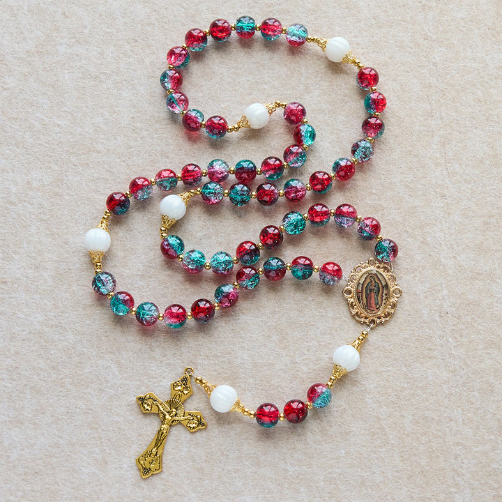FREE Today: Christmas Red-Blue Glass Bead Rosary: Our Lady Medal & Ornate Cross - Our Lady of Guadalupe Medal & Crucfix - image 0