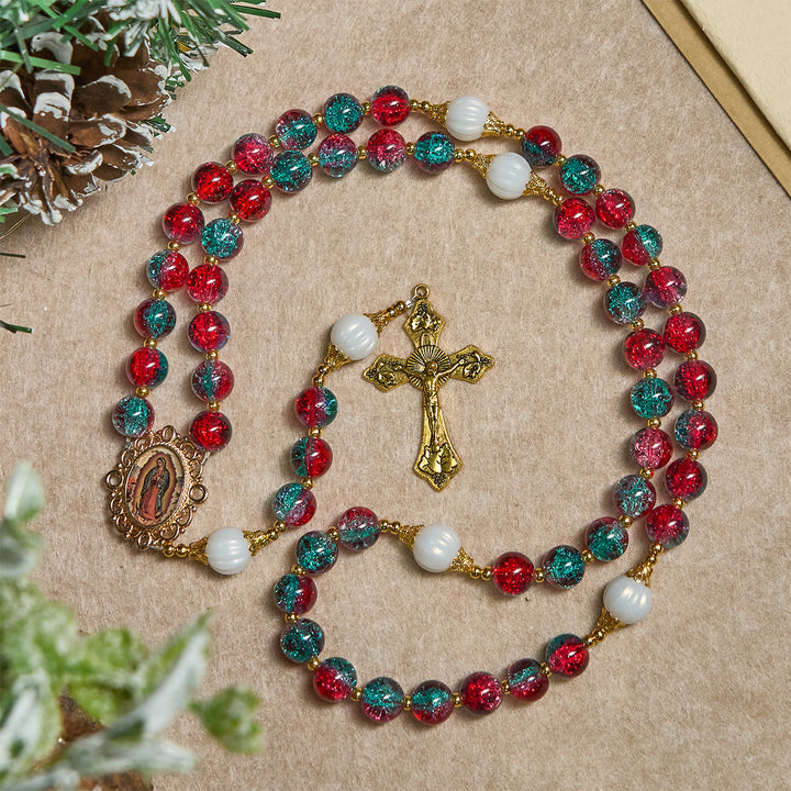 Christianartworkshop Christmas Red-Blue Glass Bead Rosary: Our Lady Medal & Ornate Cross - image 6