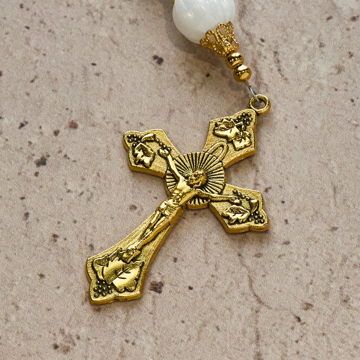 Christianartworkshop Christmas Red-Blue Glass Bead Rosary: Our Lady Medal & Ornate Cross - image 11