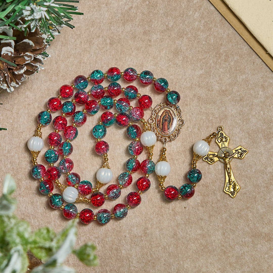 Christianartworkshop Christmas Red-Blue Glass Bead Rosary: Our Lady Medal & Ornate Cross - image 8