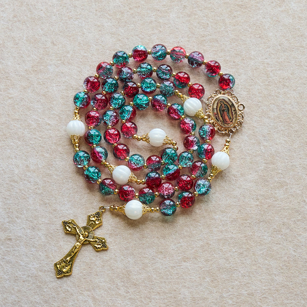 Christianartworkshop Christmas Gift: Christmas Red-Blue Glass Bead Rosary: Our Lady Medal & Ornate Cross - image 9