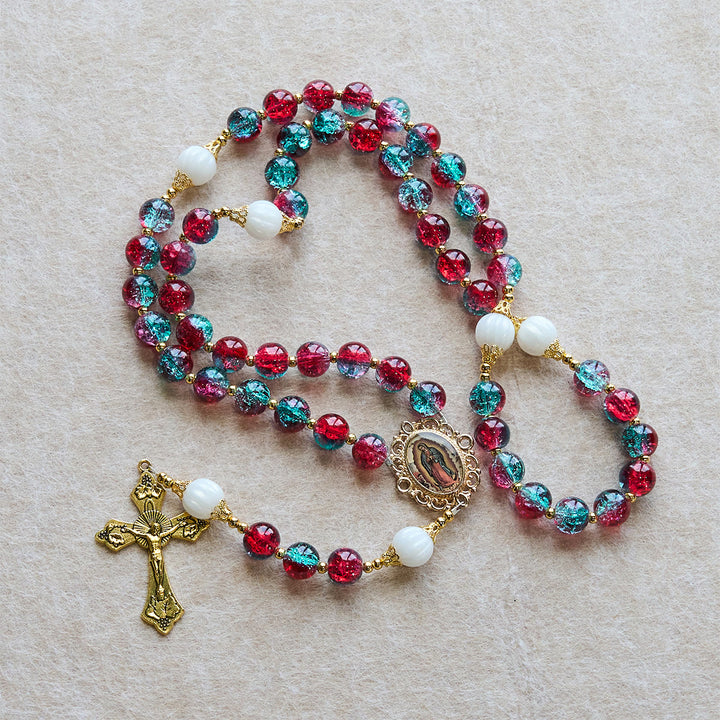 Christianartworkshop Christmas Red-Blue Glass Bead Rosary: Our Lady Medal & Ornate Cross - image 7