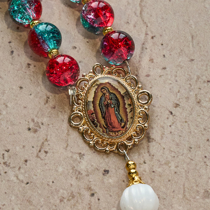 Christianartworkshop Christmas Gift: Christmas Red-Blue Glass Bead Rosary: Our Lady Medal & Ornate Cross - image 16