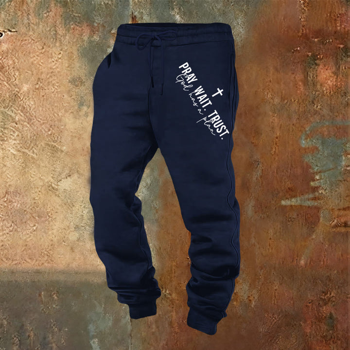 Christianartworkshop Pray Wait Trust Statement Sweatpants: Side-Hip Faith Mantra - Navy Blue - 2XL - image 4