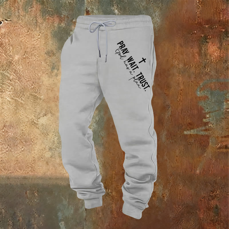 Christianartworkshop Pray Wait Trust Statement Sweatpants: Side-Hip Faith Mantra - Light Grey - 2XL - image 8