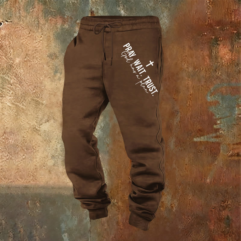 Christianartworkshop Pray Wait Trust Statement Sweatpants: Side-Hip Faith Mantra - Brown - 2XL - image 16