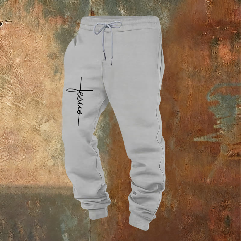 Christianartworkshop Minimal Jesus Cross Script Sweatpants: Every Step with Jesus - Light Grey - 2XL - image 13
