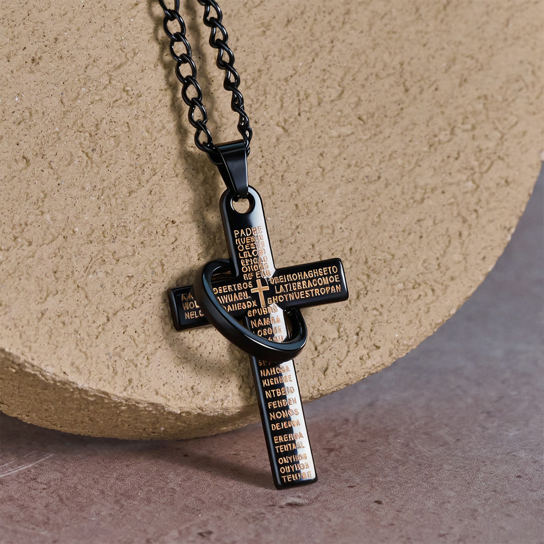 Christianartworkshop Lord's Prayer with Interlocking Ring Cross Pendant Necklace: Bold Style Sacred Meaning - Black - image 6