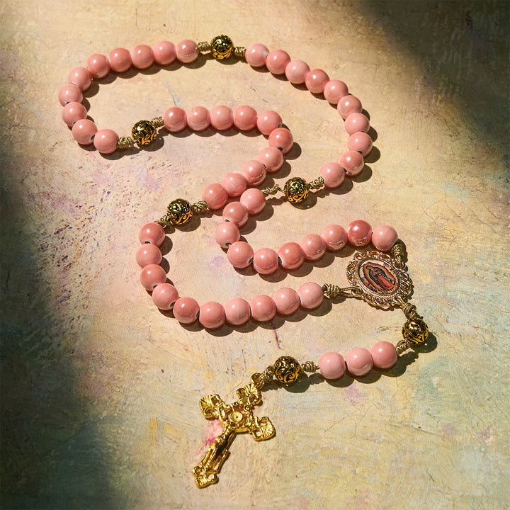 Christianartworkshop Mary's Light Pink Ceramic Rosary: Celebrate Christmas with Grace and Hope - Our Lady of Guadalupe & Crucfix - image 0