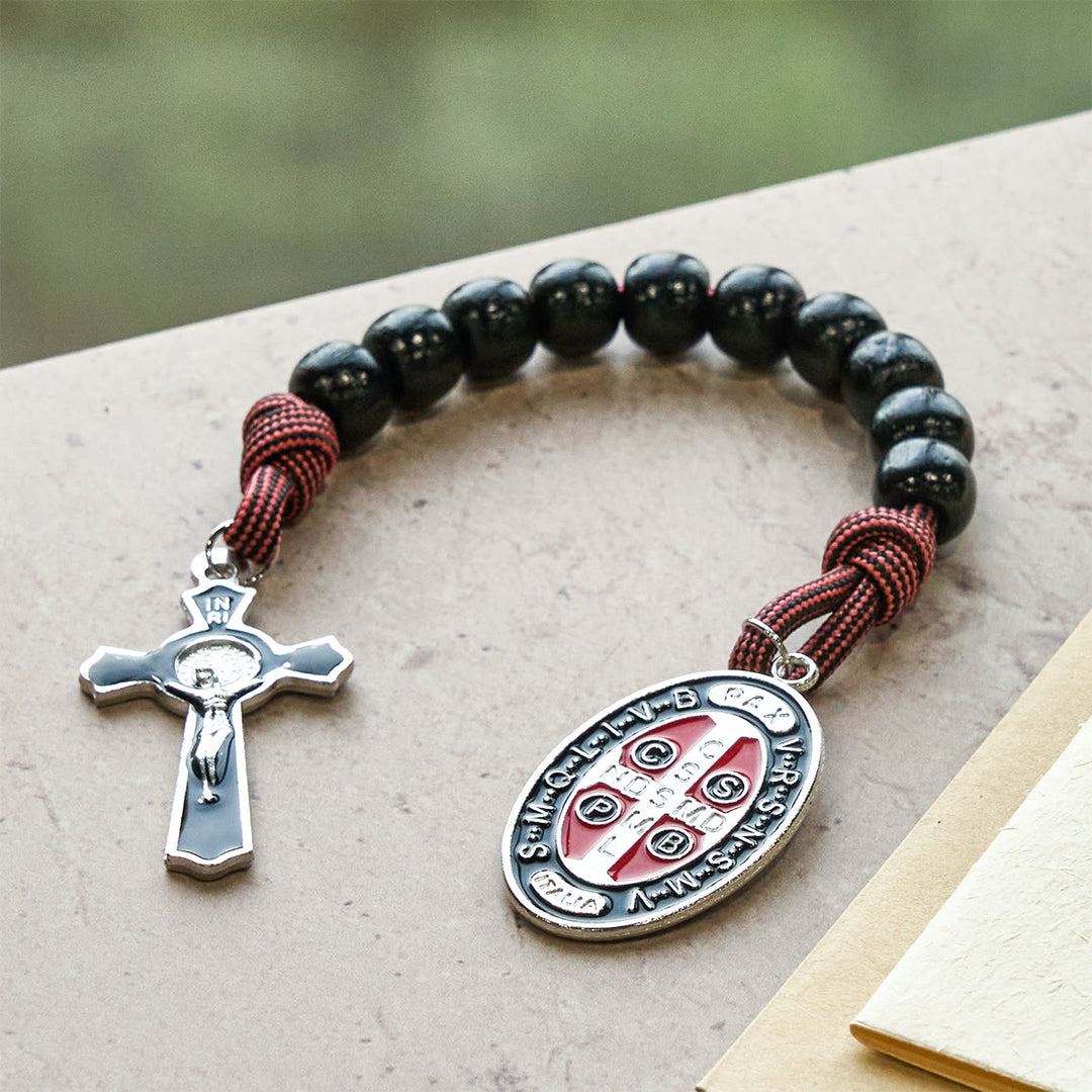 Christianartworkshop Faith Defender Paracord Pocket Rosary with St. Benedict: Shield of Christ - St. Benedict & Crucifix - image 0