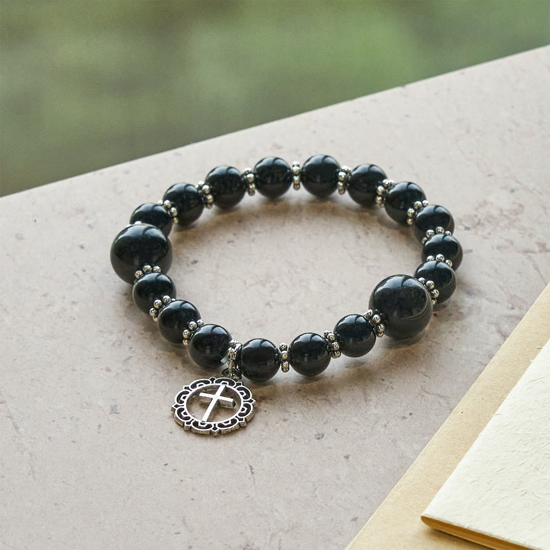 Christianartworkshop Spiritual Armor Black Obsidian Bracelet with Cross Charm: Pray without Fear - Wrist Circumference: 5.91''-7.09''/15-18cm - image 0