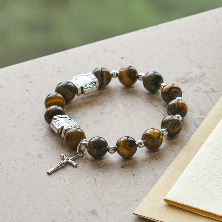Christianartworkshop Courage in Christ Tiger Eye Stone Bracelet with Cross Charm: Pray without Fear - Wrist Circumference: 5.91''-7.09''/15-18cm - image 0