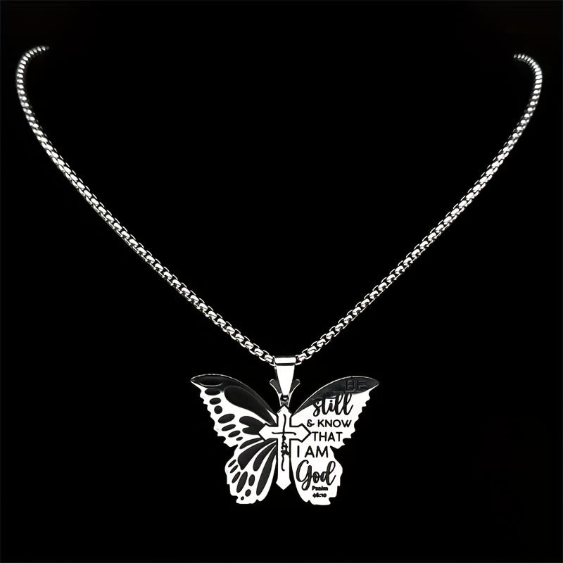 Free Today:  Psalm 46:10 Butterfly Cross Necklace: Be Still & Know That I Amd God - image 1
