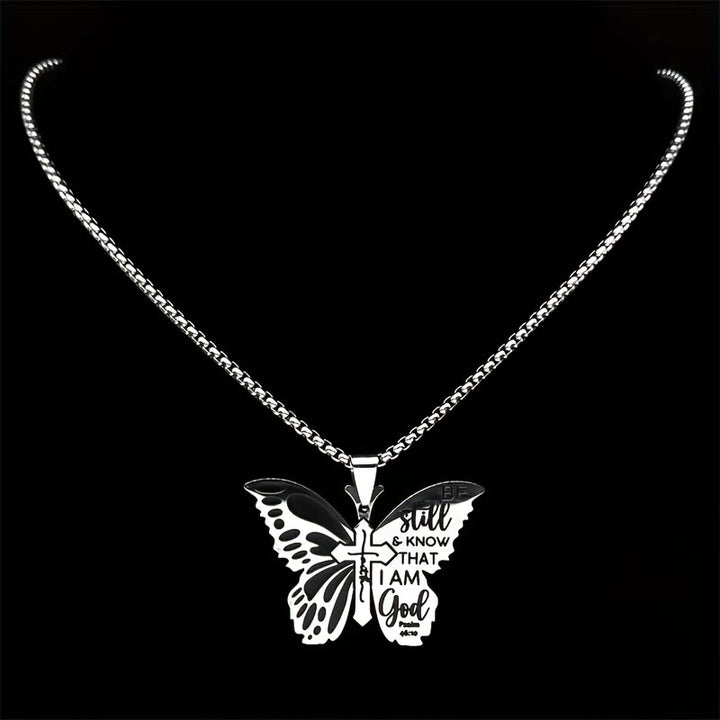 Free Today:  Psalm 46:10 Butterfly Cross Necklace: Be Still & Know That I Amd God - image 1