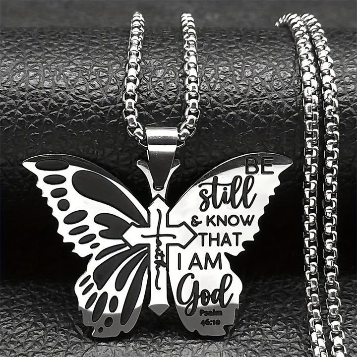 Free Today:  Psalm 46:10 Butterfly Cross Necklace: Be Still & Know That I Amd God - Butterfly - image 0