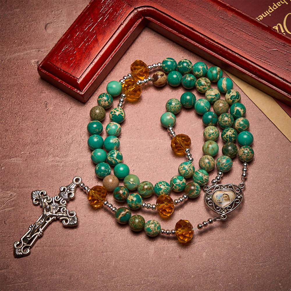 Christianartworkshop Peace through Mary's Heart Rosary in Turquoise and Amber Hues - image 1