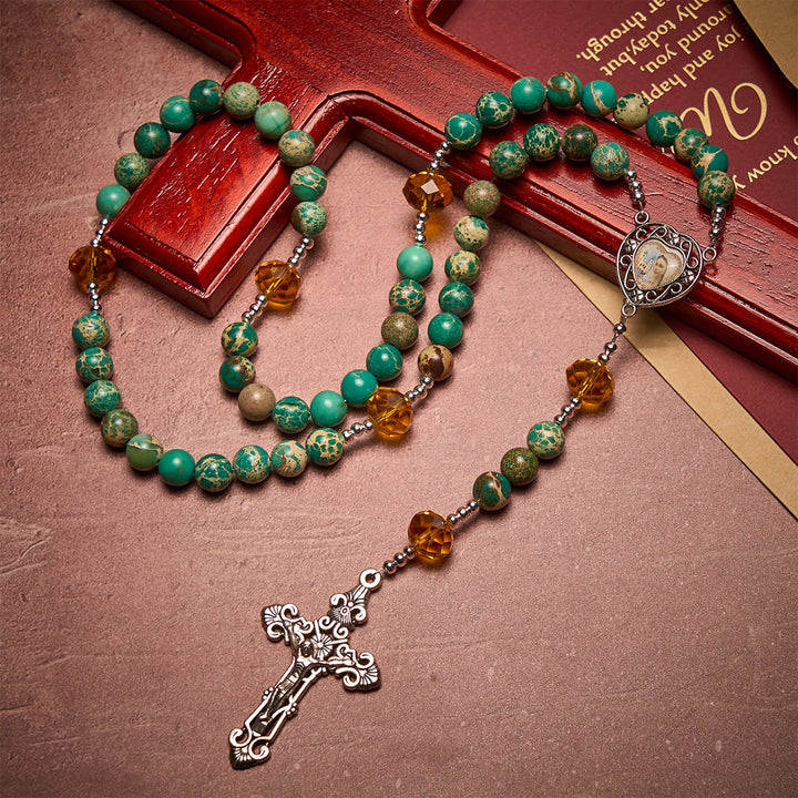 FREE Today: Peace through Mary's Heart Rosary in Turquoise and Amber Hues - Our Lady & Crucifix - image 0