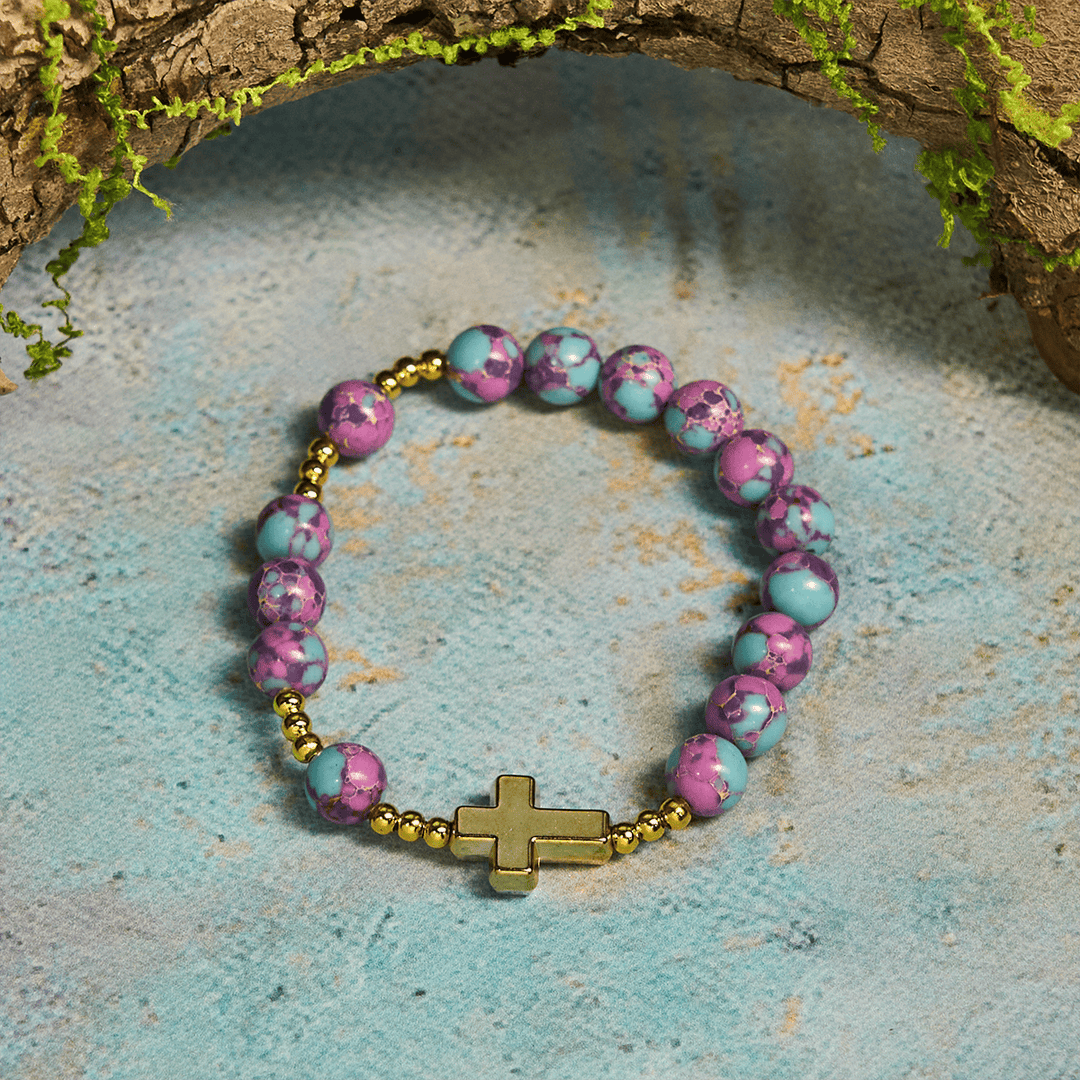 Christianartworkshop Purple Imperial Stone Marian Bracelet with Golden Cross: Devotion in Style - Wrist Circumference: 5.51"-6.69"/14-17cm - image 0