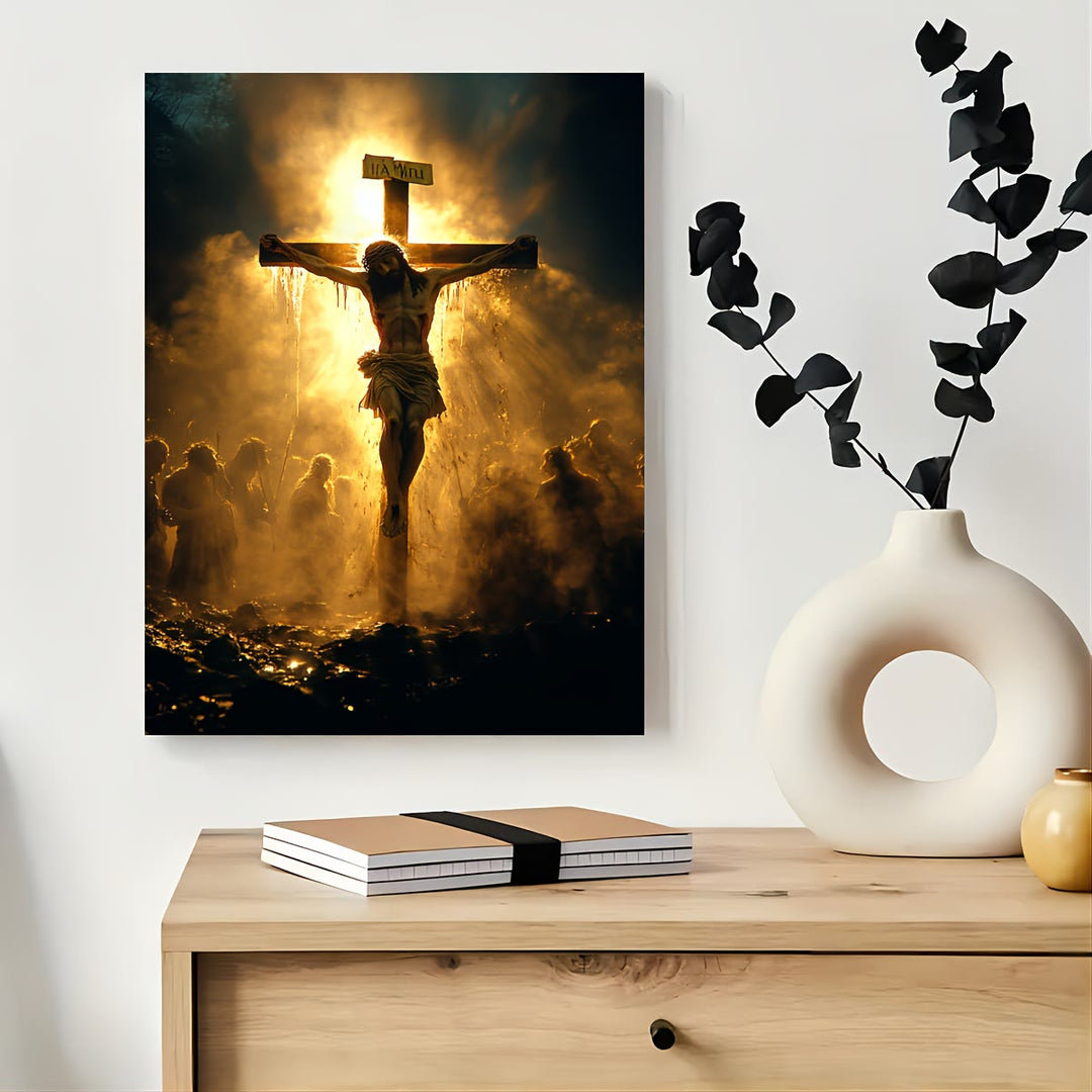 Christianartworkshop Crucifixion Daily Art Prints: Constant Devotion Reminder for Believing Homes - Framed Canvas Painting - 13.77"*19.58"*0.7''/35*50*1.8cm - image 0