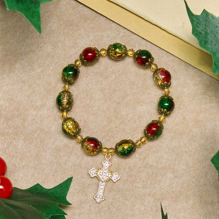 FREE Today: Christmas Glory Red-Green-Gold Glass Bead Bracelet: Faith That Shines - Wrist Circumference: 5.51"-6.69"/14-17cm - image 0
