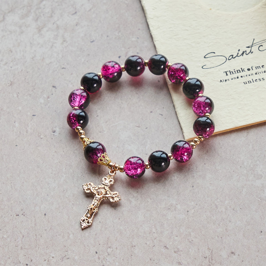 Christianartworkshop Grace and Strength Black-Pink Glass Bead Bracelet with Golden Cross - image 3