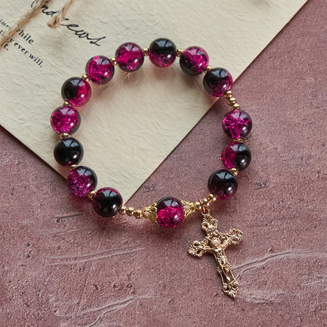 Christianartworkshop Grace and Strength Black-Pink Glass Bead Bracelet with Golden Cross - image 0