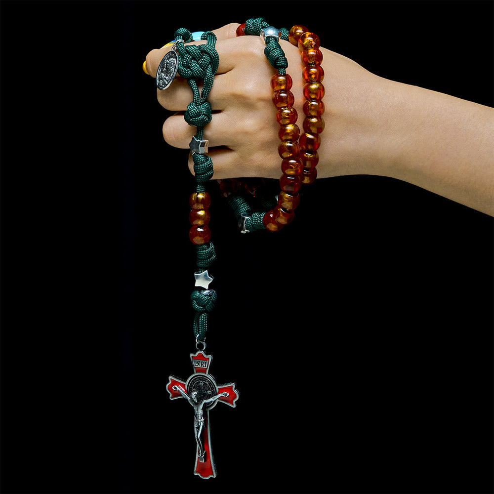 Christianartworkshop Christmas Gift: Amber-Tone Beads and Green Paracord Christmas Rosary with Holy Family Medal - image 1