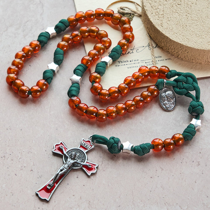 Christianartworkshop Christmas Gift: Amber-Tone Beads and Green Paracord Christmas Rosary with Holy Family Medal - image 7