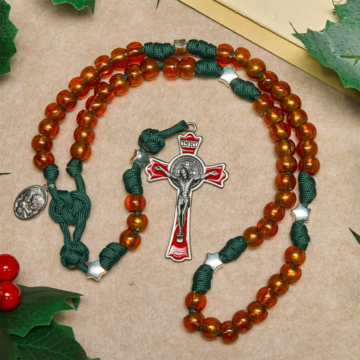 Christianartworkshop Christmas Gift: Amber-Tone Beads and Green Paracord Christmas Rosary with Holy Family Medal - image 3