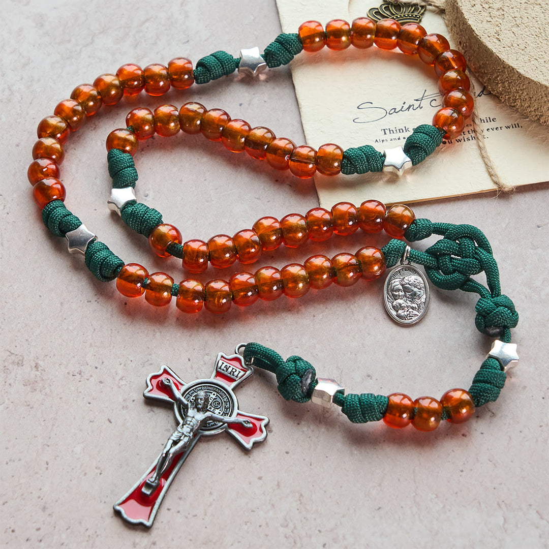 Christianartworkshop Christmas Gift: Amber-Tone Beads and Green Paracord Christmas Rosary with Holy Family Medal - image 2