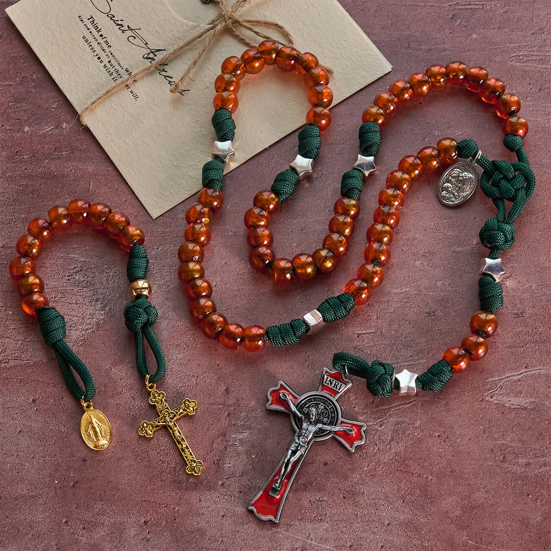 Christianartworkshop Amber-Tone Beads and Green Paracord Christmas Rosary with Holy Family Medal - image 4