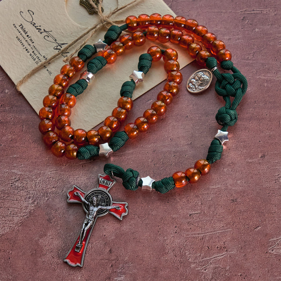 Christianartworkshop Christmas Gift: Amber-Tone Beads and Green Paracord Christmas Rosary with Holy Family Medal - image 5